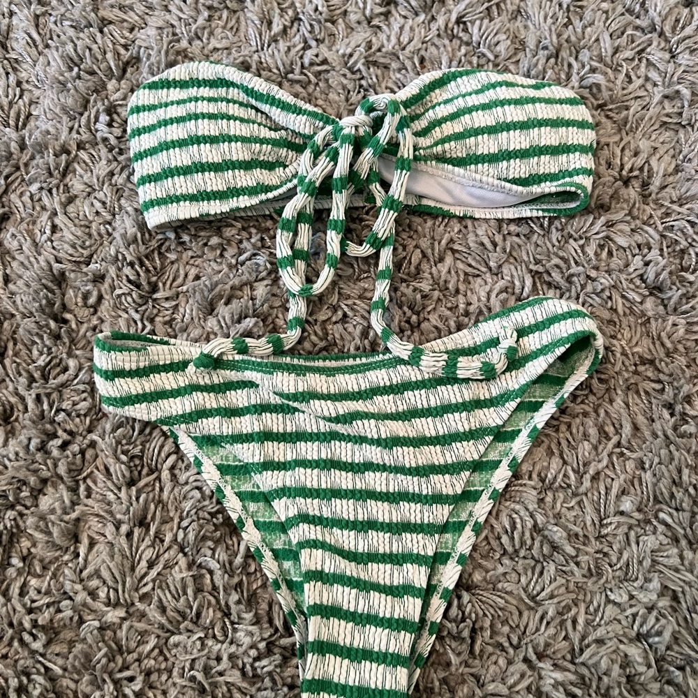 SHEIN Green and White Striped Bikini